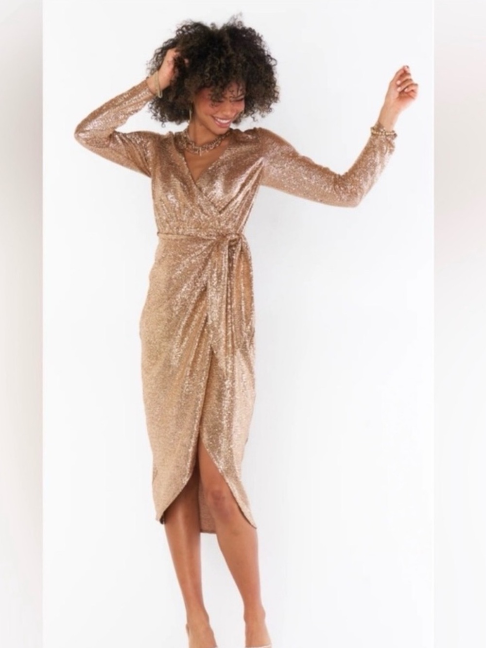 Show Me Your MuMu Rose Gold Sequin Wrap Midi Dress